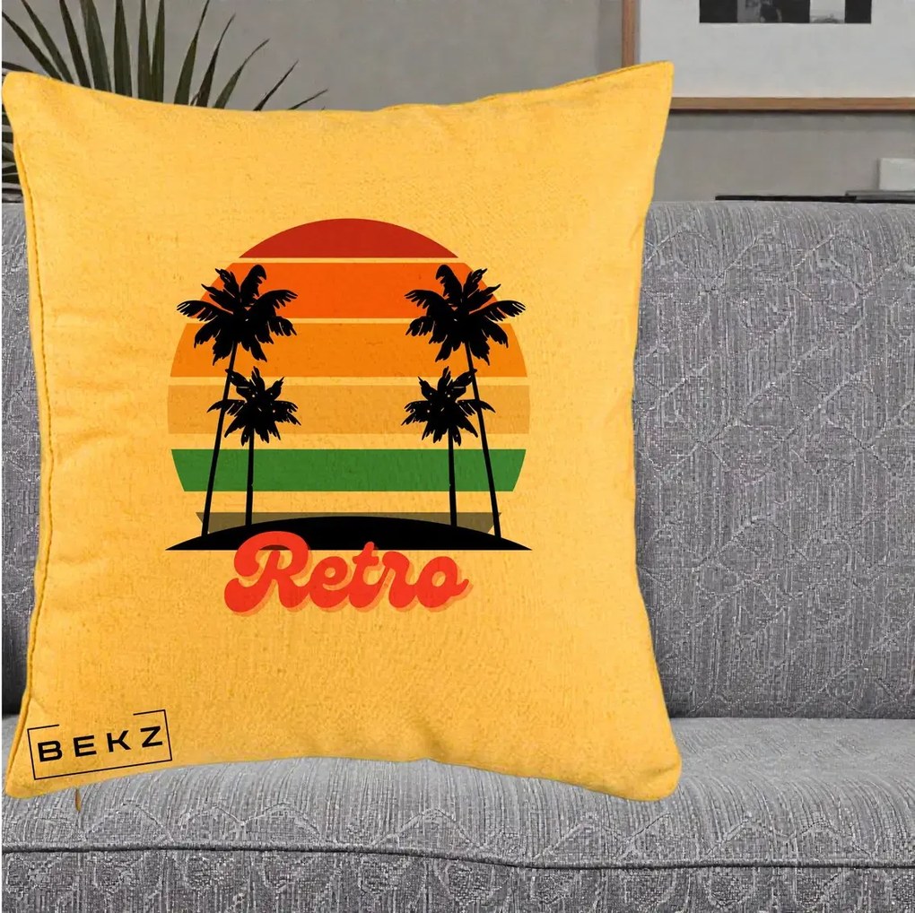 Perna Decorativa Retro Sunset Palmieri, 40x40 cm, Galben, Husa Detasabila, Perna Inclusa, BEKZ®