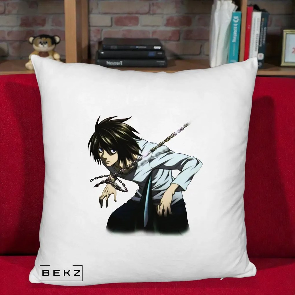 Perna Personalizata Death Note L Lawliet Lanturi, 40x40 cm, Alb Pufos, Husa Detasabila, Perna Inclusa, BEKZ®