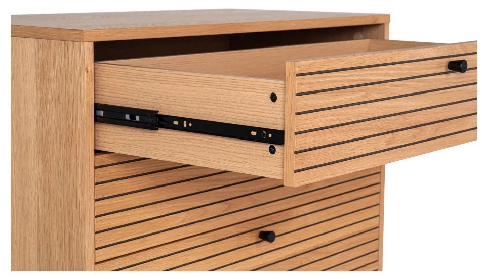 Comodă Kyoto, 4 sertare, furnir de stejar, natural, picioare din metal negru 80x40x85 cm