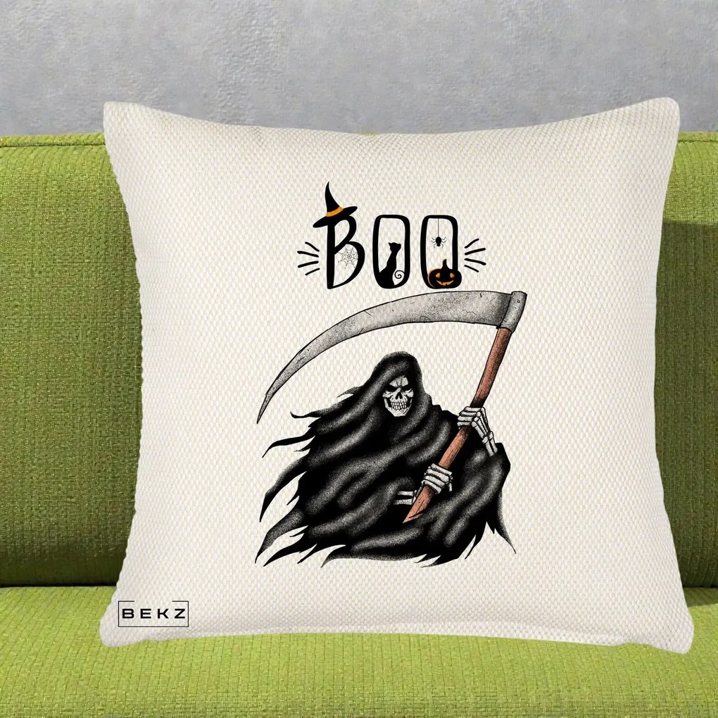 Perna Decorativa Halloween Boo Grim Reaper cu Coasa, 40x40 cm, Crem Reliefat, Husa Detasabila, Perna Inclusa, BEKZ®