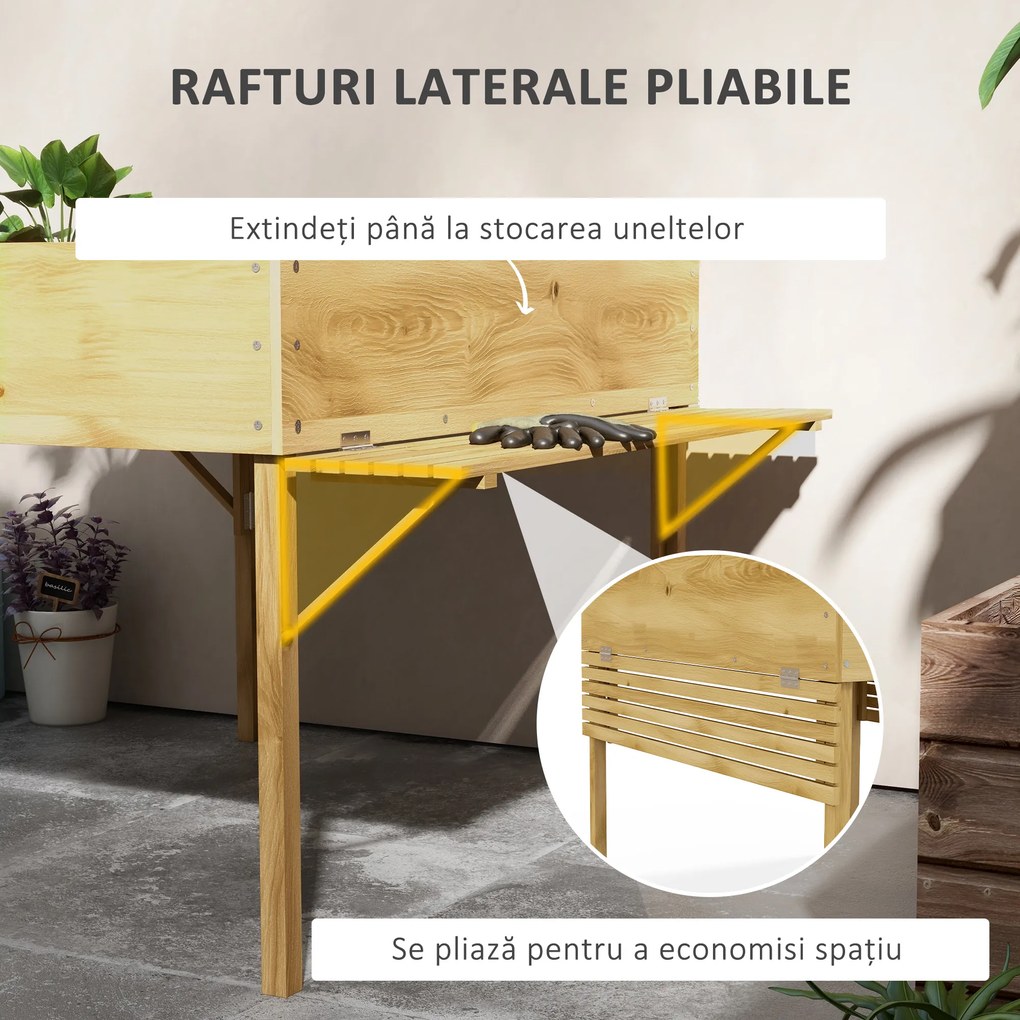 Outsunny Strat de Grădină Înălțat cu 12 Grile, Jardinieră Înălțată din Lemn cu Rafturi Laterale Pliabile, 122x91,5x89 cm, Lemn Natural | Aosom Romania