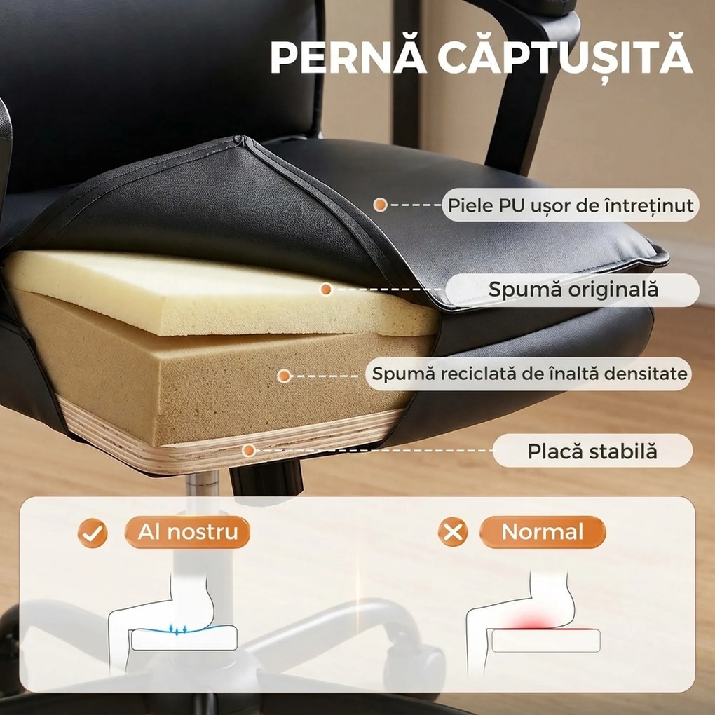 HOMCOM Scaun de Birou Rotativ din Piele PU, Funcție Legănare, Spătar Înalt, Reglabil pe Înălțime, Suportă 120 kg, Negru | Aosom Romania