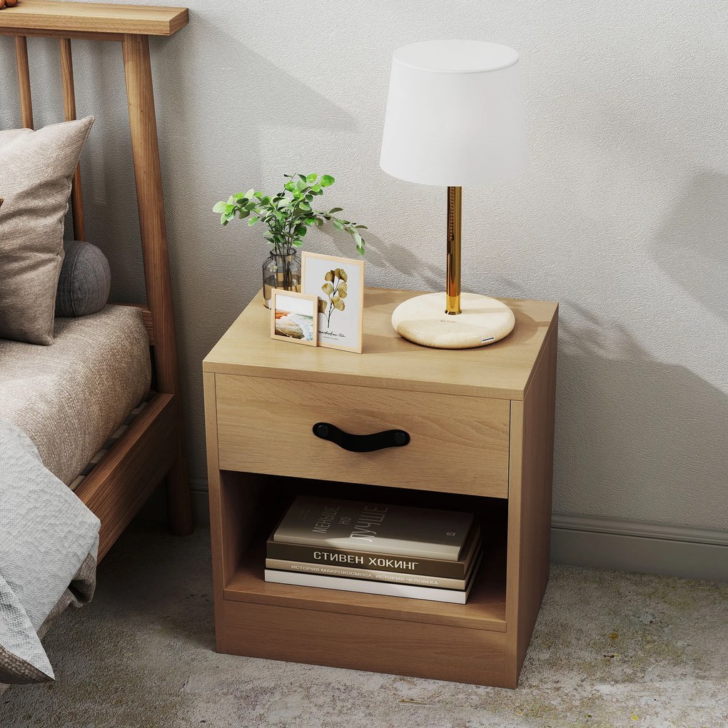 HOMCOM Set de 2 Noptiere cu Sertar și Compartiment Deschis pentru Sufragerie 39x28x41 cm Natural | Aosom Romania
