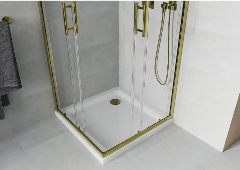 Mexen Rio cabina de duș pătrată 90 x 90 cm, transparentă, aurie + cadă Flat, albă - 860-090-090-50-00-4010G