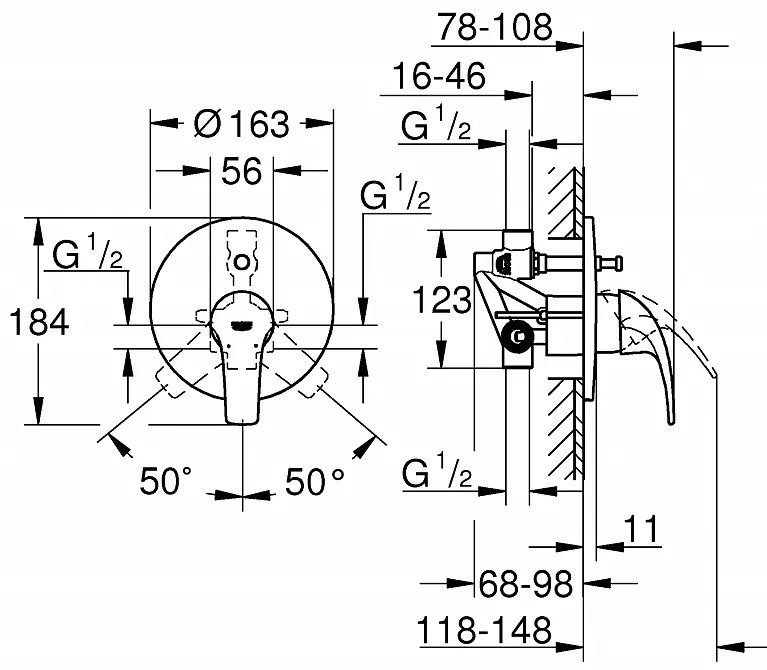 Baterie cada/dus  Grohe Start Curve, montaj incastrat, monocomanda, diverter, cartus ceramic, crom-29115000