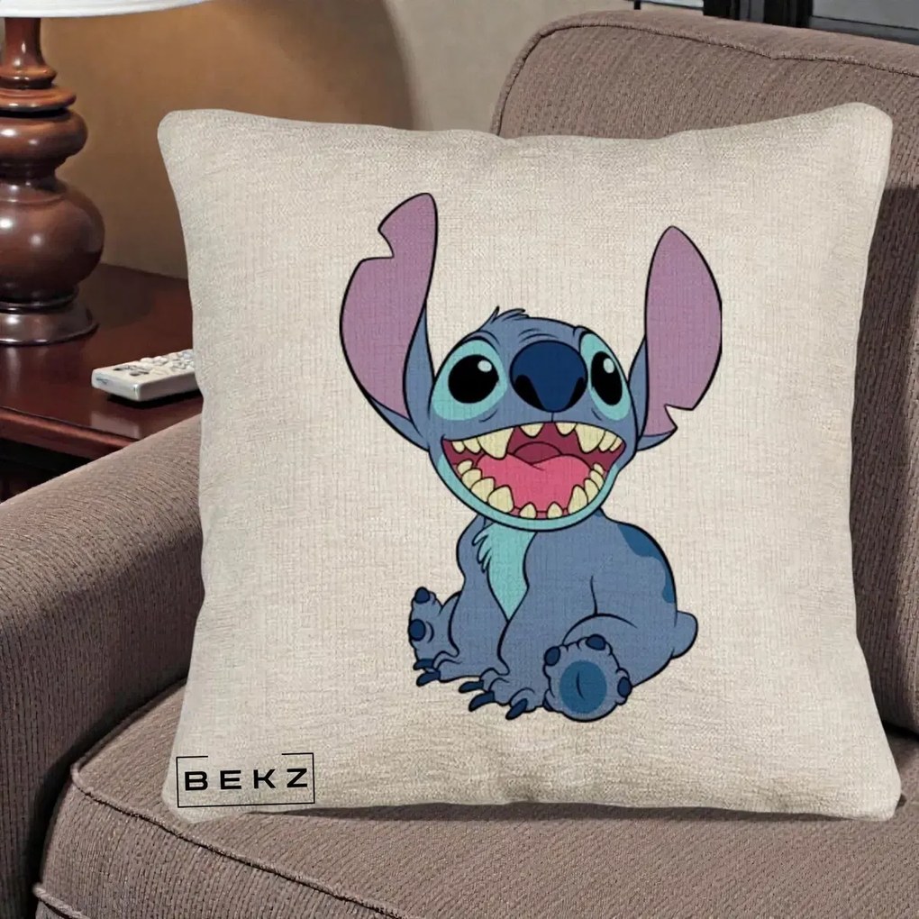 Perna Personalizata Stitch Zambitor, 40x40 cm, Bej Canapea, Husa Detasabila, Perna Inclusa, BEKZ®