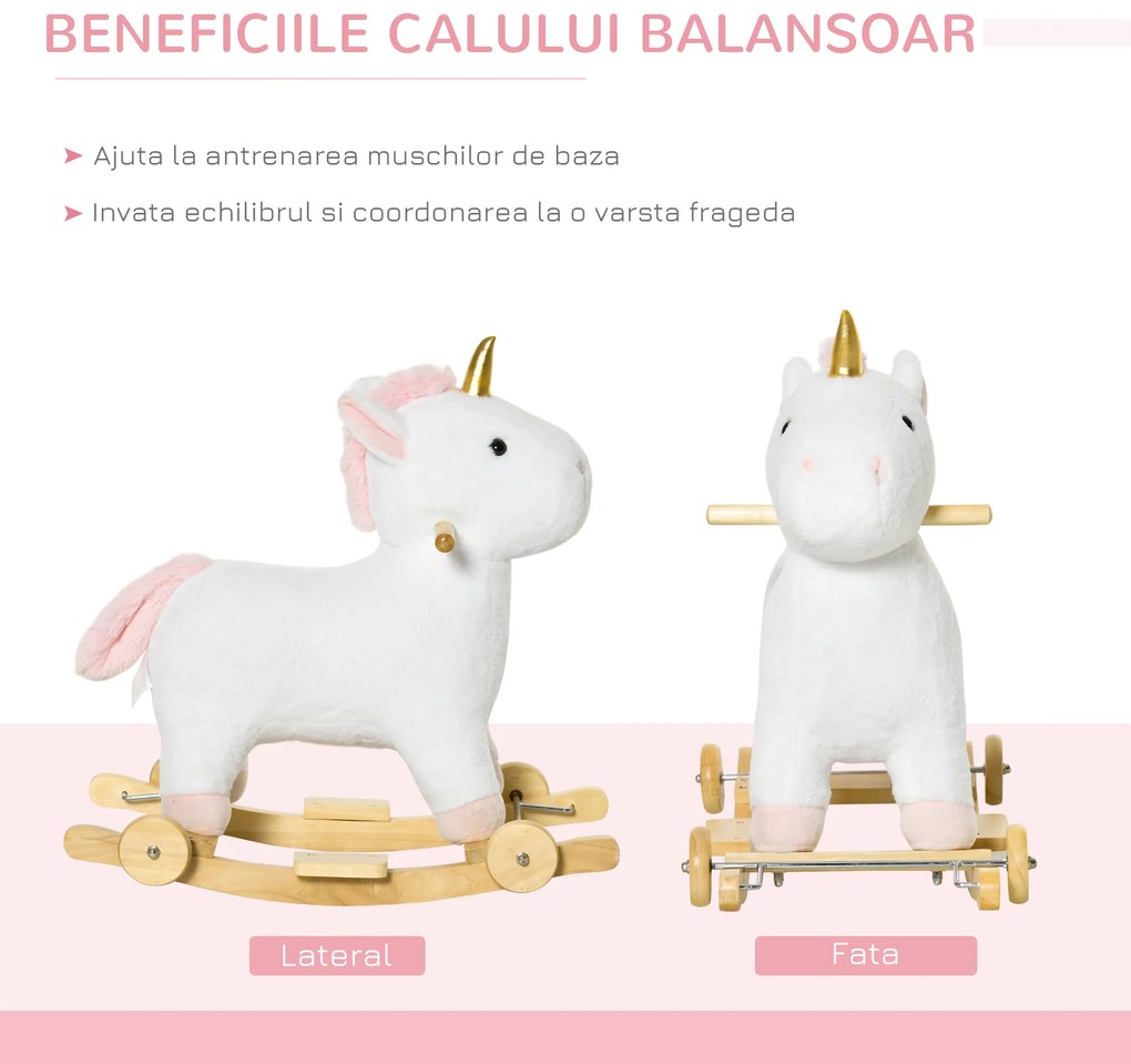 HOMCOM Balansoar pentru copii 2 in 1cu Roti, Sunete Integrate, Balansoar Unicorn Leagan 36-72 luni,63x38x63cm, Alb | Aosom Romania