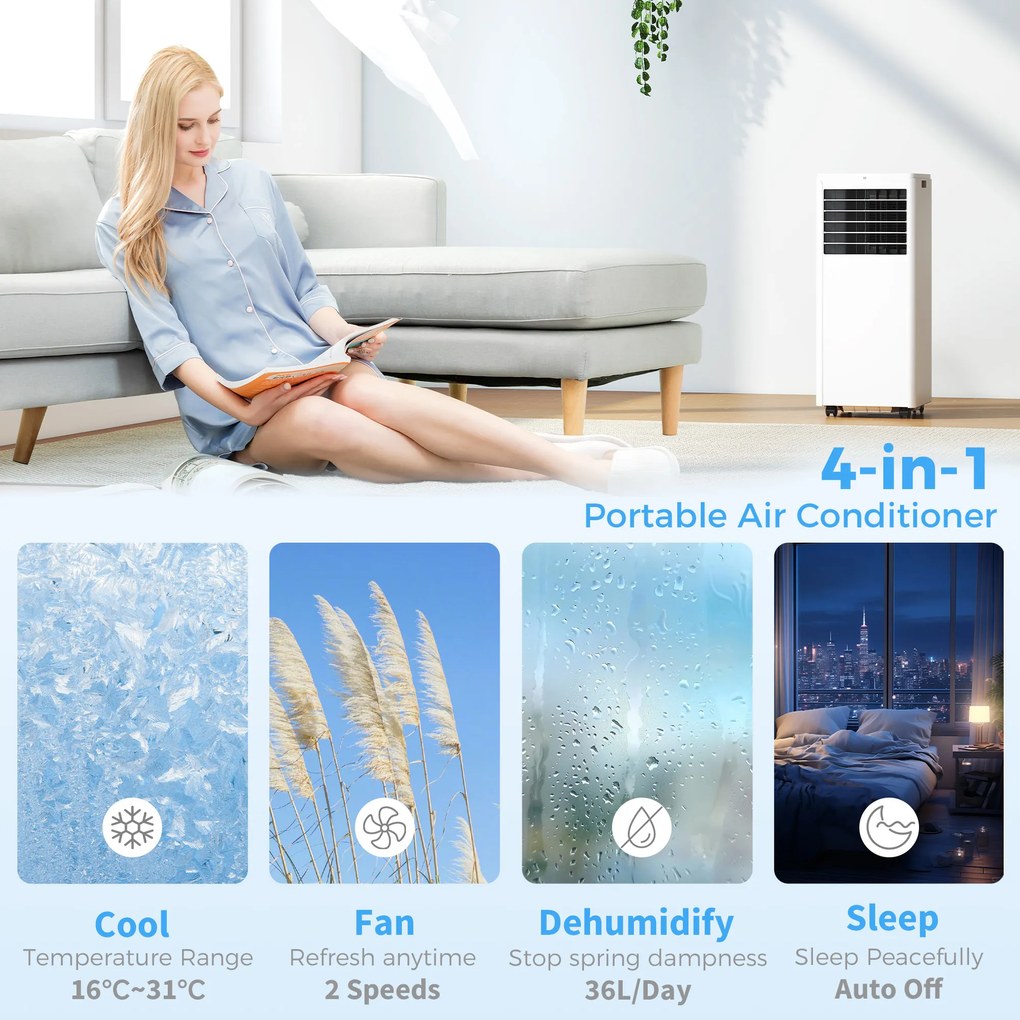 HOMCOM Aparat de Aer Condiționat Portabil 7000 BTU, Unitate 4-în-1 cu Răcire, Dezumidificator, Ventilator, Mod Noapte | Aosom Romania