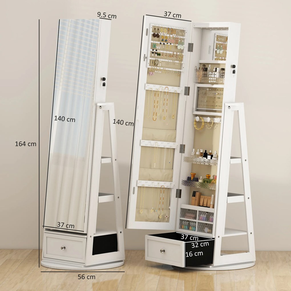 HOMCOM Oglindă-dulap pentru bijuterii cu LED-uri Dulap pentru bijuterii cu oglindă integrală Rotativ 360° Sertar Încuietoare Alb | Aosom Romania