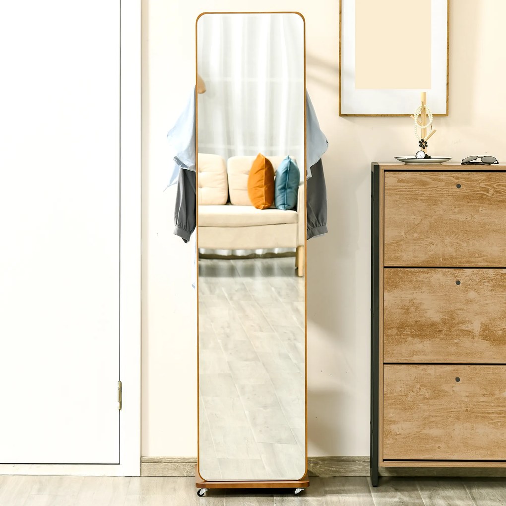 HOMCOM Oglinda de Podea cu Rafturi si Cuier Suspendat din MDF/Sticla Oglinda si Dulap Stabil , 40x44.5x170 cm, Nuc