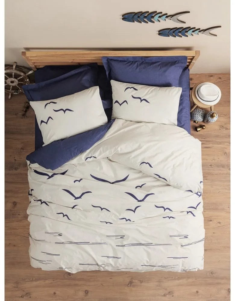 Lenjerie de pat albastră-crem din bumbac ranforcé pentru pat de o persoană 140x200 cm Larum – Mijolnir