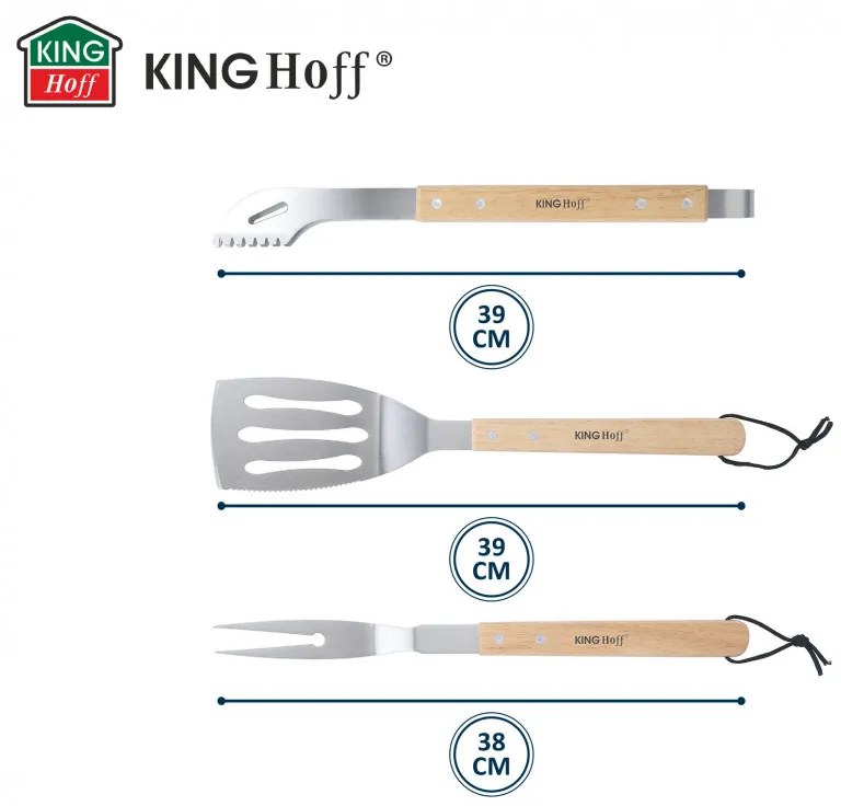 Set 3 ustensile BBQ Kinghoff KH 1918, Spatula, Spatula, Furculita, Manere din lemn, Orificiu pentru agatat, Inox / Maro