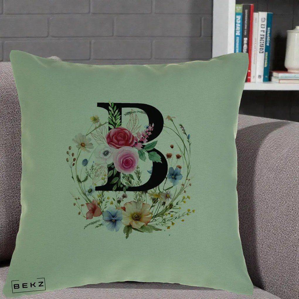 Cadou Personalizat - Perna Personalizata Monogram Litera B cu Flori Acuarela, 40x40 cm, Verde, Husa Detasabila, Perna Inclusa, BEKZ®