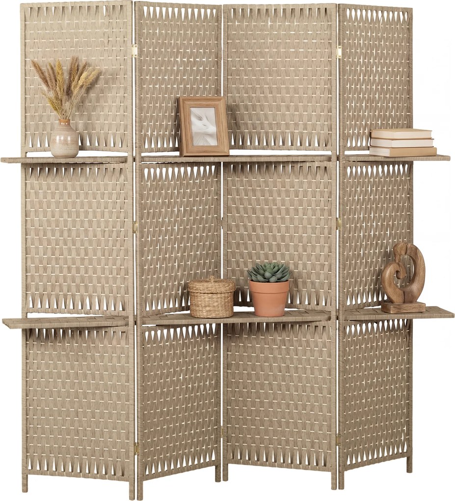 HOMCOM Separator de camere 4 panouri 2 rafturi pliabile natural pai | Aosom Romania