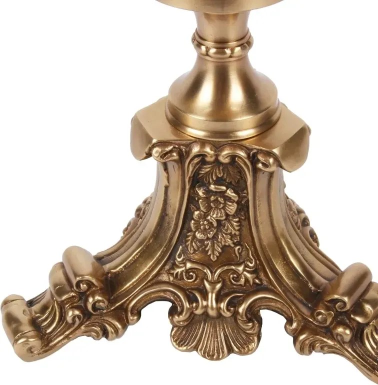 Suport lumânare din alamă lucrată manual și sticlă, auriu, cu picior înalt, cilindru transparent gravat și bază pe trei picioare sculptate, 57 x 21,5