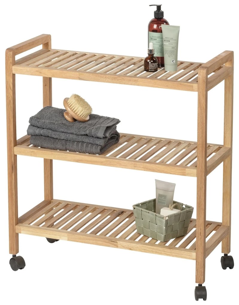 Raft pentru baie pe roti NORVEGIA cu trei rafturi, lemn de nuc, 31x65x72 cm, Wenko