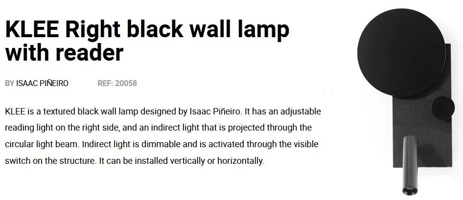Aplica perete ambientala cu reader LED KLEE negru dreapta