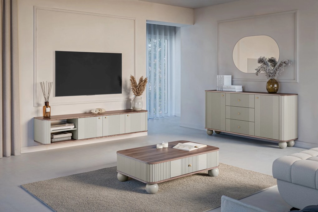 Comodă TV suspendată Vesper 187 cm cu trei uși - casmir / nuc / mânere aurii