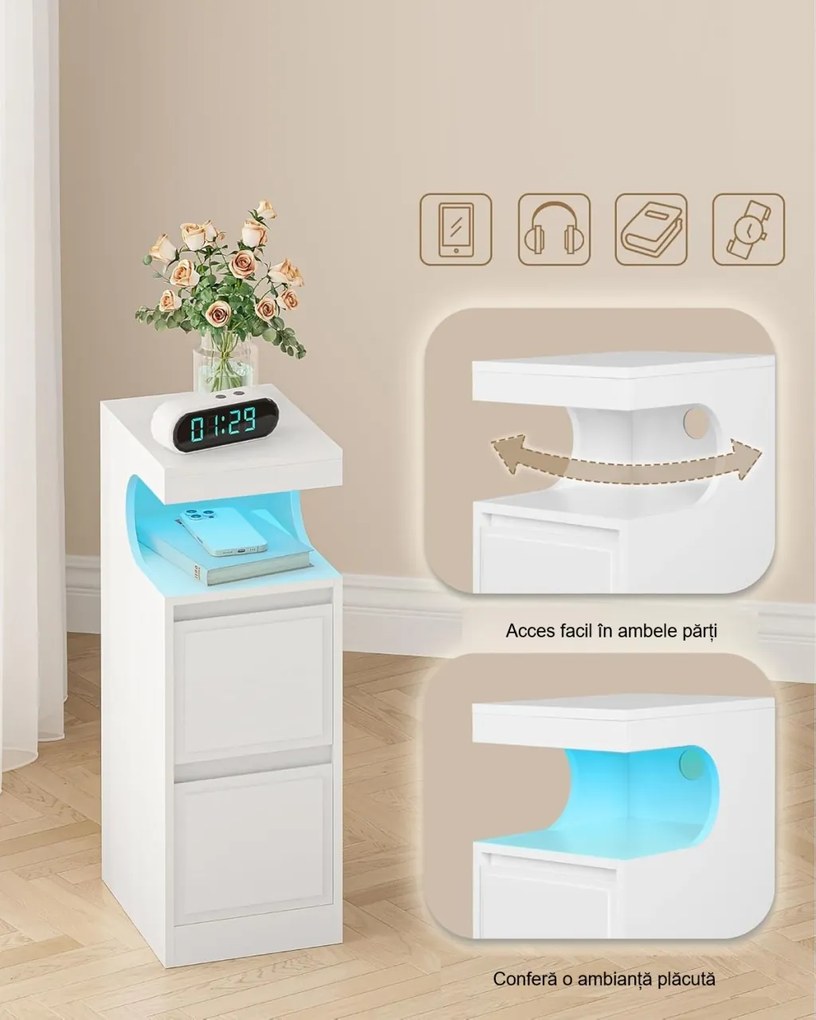 NOA79 - Set 2 Noptiere, 24 cm, foarte inguste, cu LED, 2 Sertare si Raft - Alb