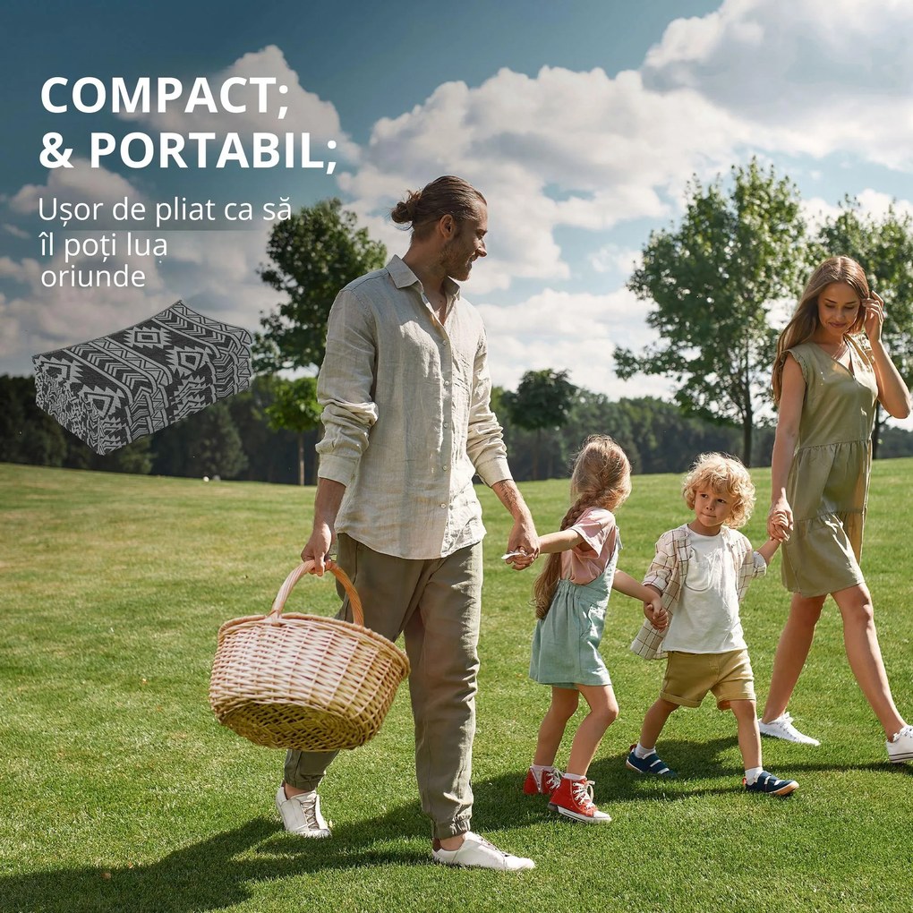 Outsunny Covor Exterior Reversibil, 1,8 x 2,75m, Impermeabil pentru Curte, Veranda, Picnic, Plaja, Camping, Negru si Gri | Aosom Romania