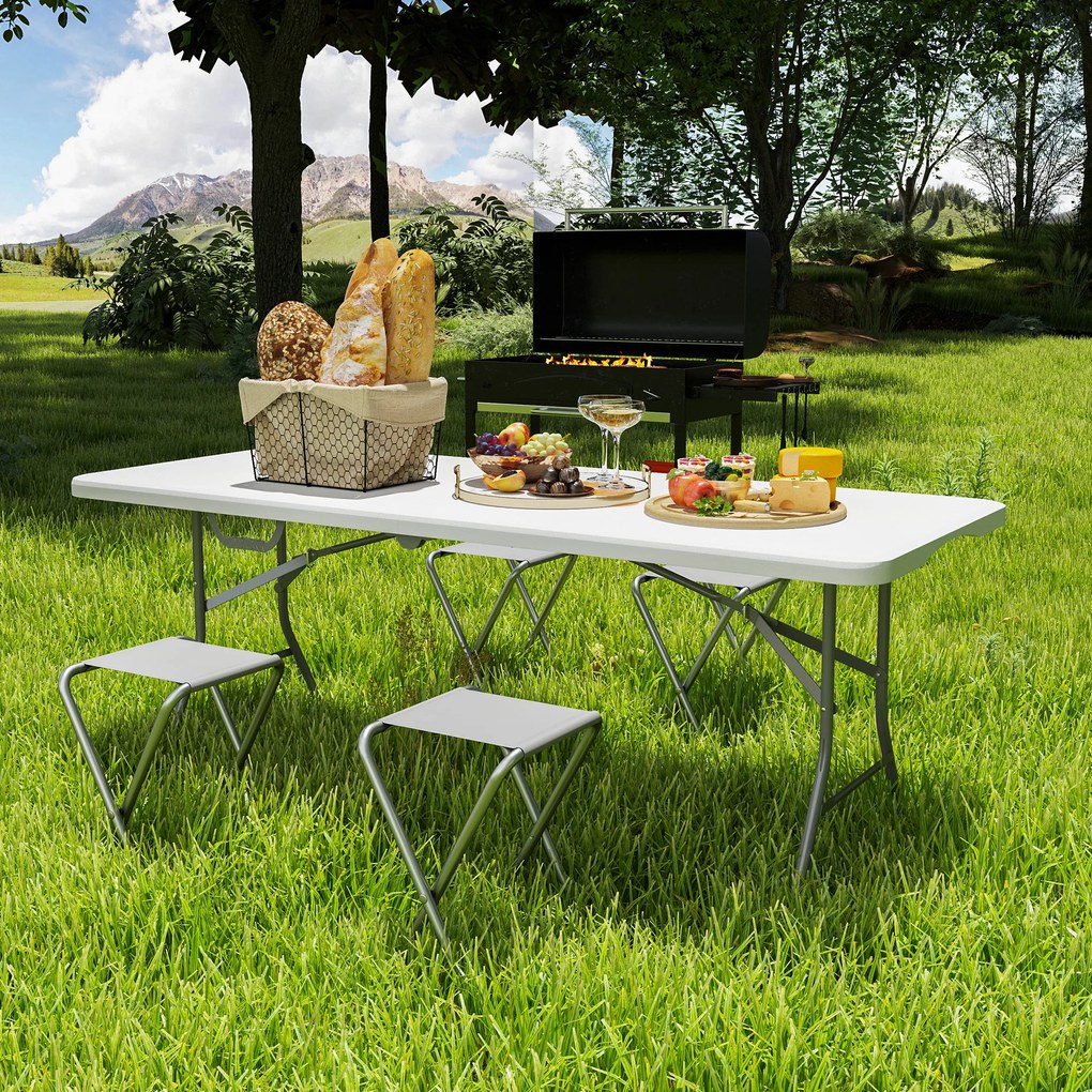 Outsunny Masă de Camping Pliabilă cu Mâner, Cadru Metalic și Blat din Plastic, 180x74x74 cm, Alb | Aosom Romania