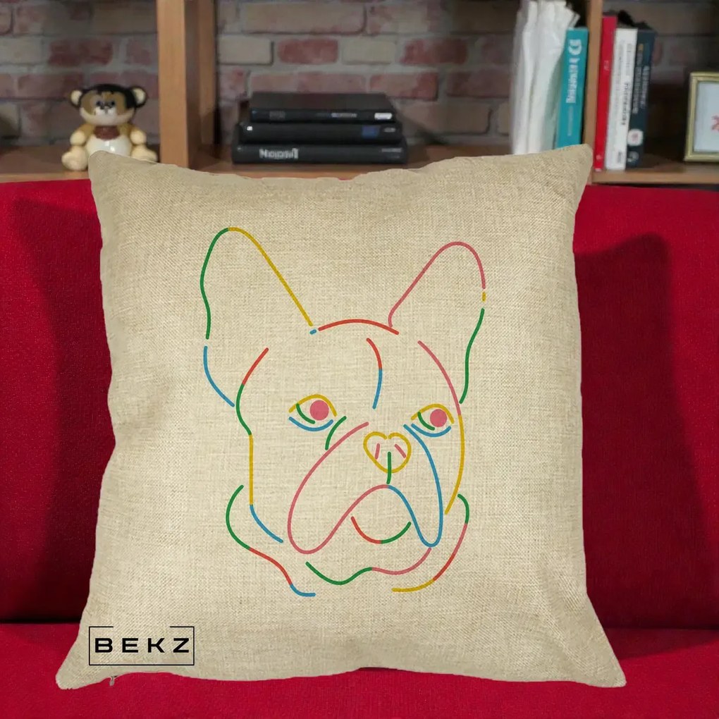 Perna Decorativa Bulldog Francez Line Art Curcubeu, 40x40 cm, Crem, Husa Detasabila, Perna Inclusa, BEKZ®