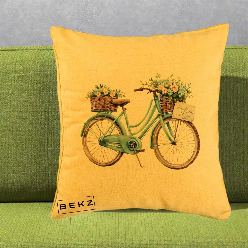 Perna Decorativa Bicicleta Teal cu Cosuri Duble de Flori Vintage, 40x40 cm, Galben, Husa Detasabila, Perna Inclusa, BEKZ®