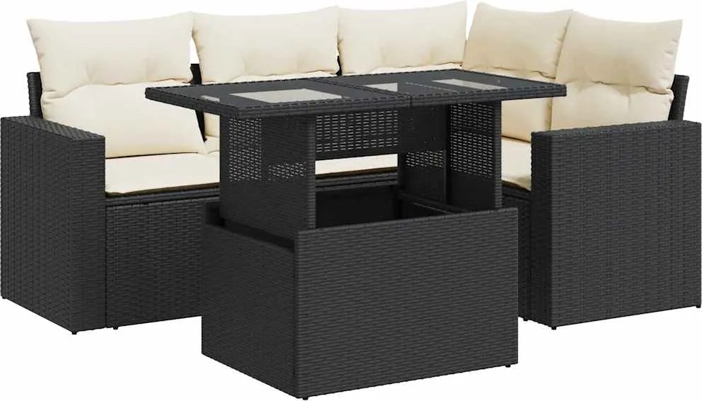 vidaXL Set mobilier de grădină cu perne, 5 piese, negru, poliratan