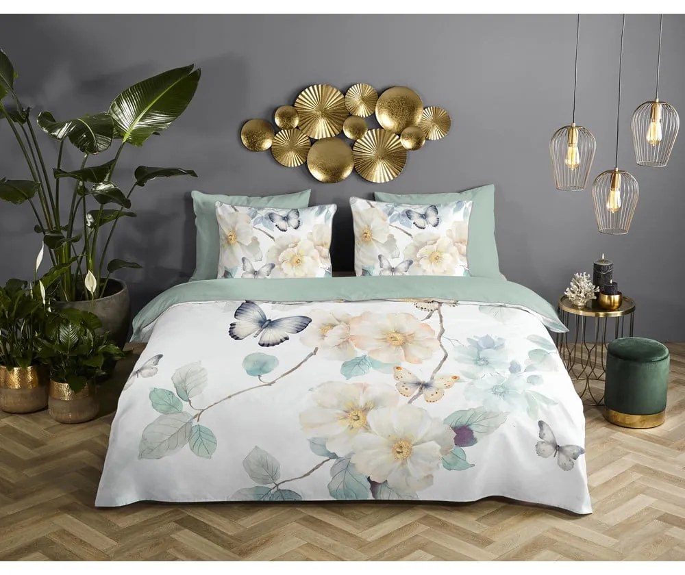 Lenjerie de pat albă-verde din bumbac satinat pentru pat dublu, extinsă 200x220 cm Adiwanya – Descanso