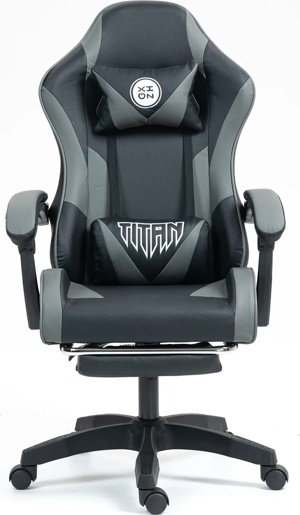 RESIGILAT- Scaun gaming, masaj în perna lombară, suport picioare, piele PU, Negru/Gri