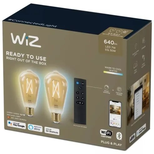 SET 2x bec LED dimabil WiZ ST64 E27/7W/230V 2000-5000K CRI 90 Wi-Fi + telecomandă