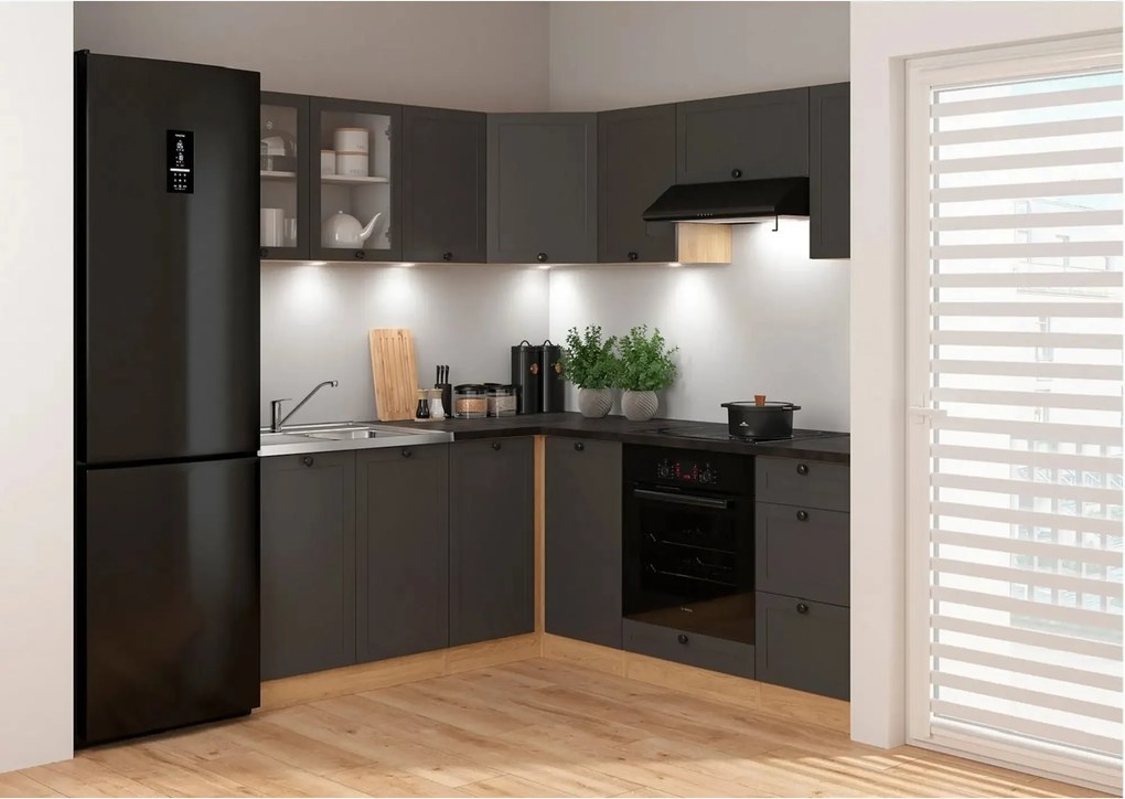Set bucatarie JUNONA LINE, gri grafit/stejar, PAL, 180x200 cm, cu blat
