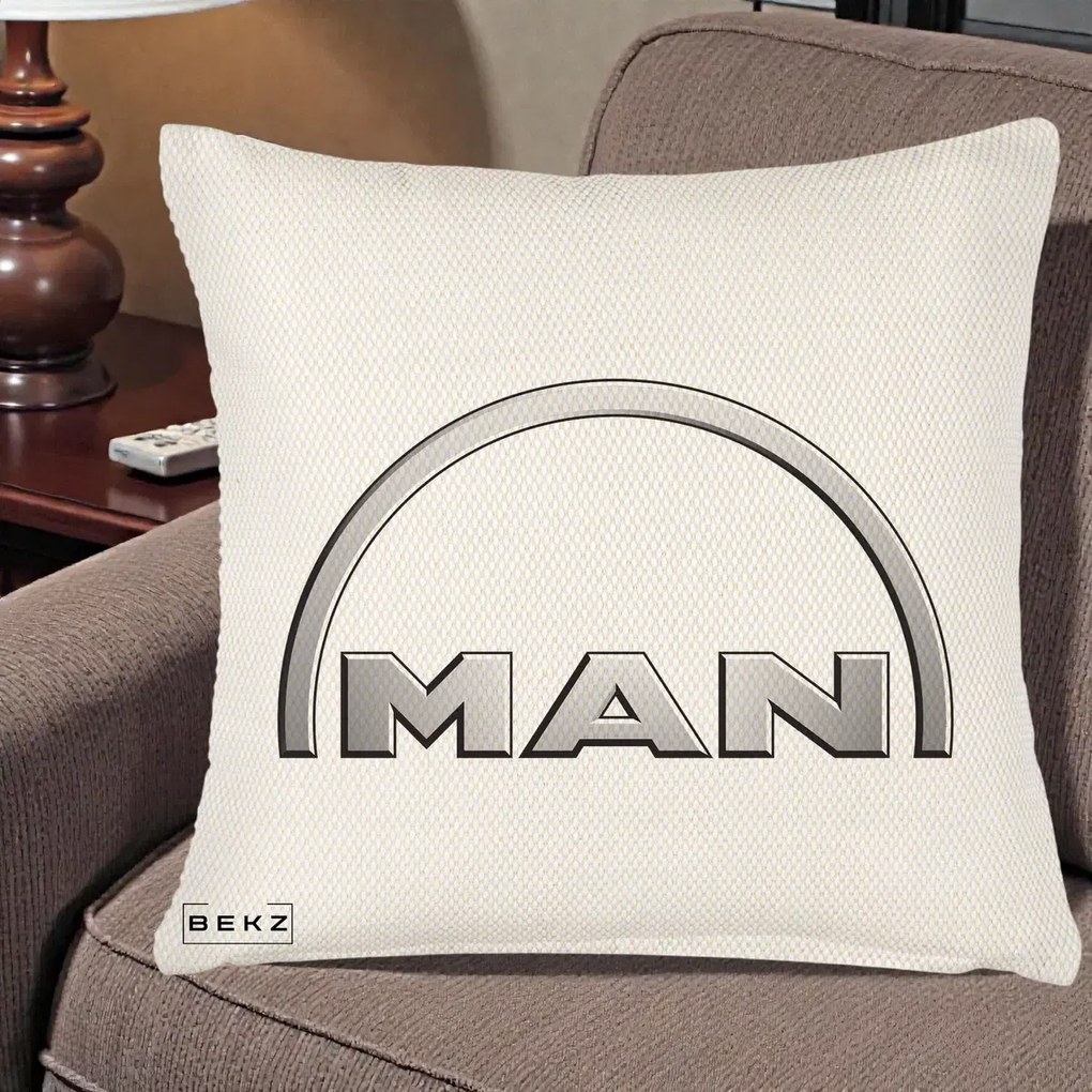 Perna Personalizata cu emblema MAN, 40x40 cm, Crem Reliefat, Husa Detasabila, Perna Inclusa, BEKZ®