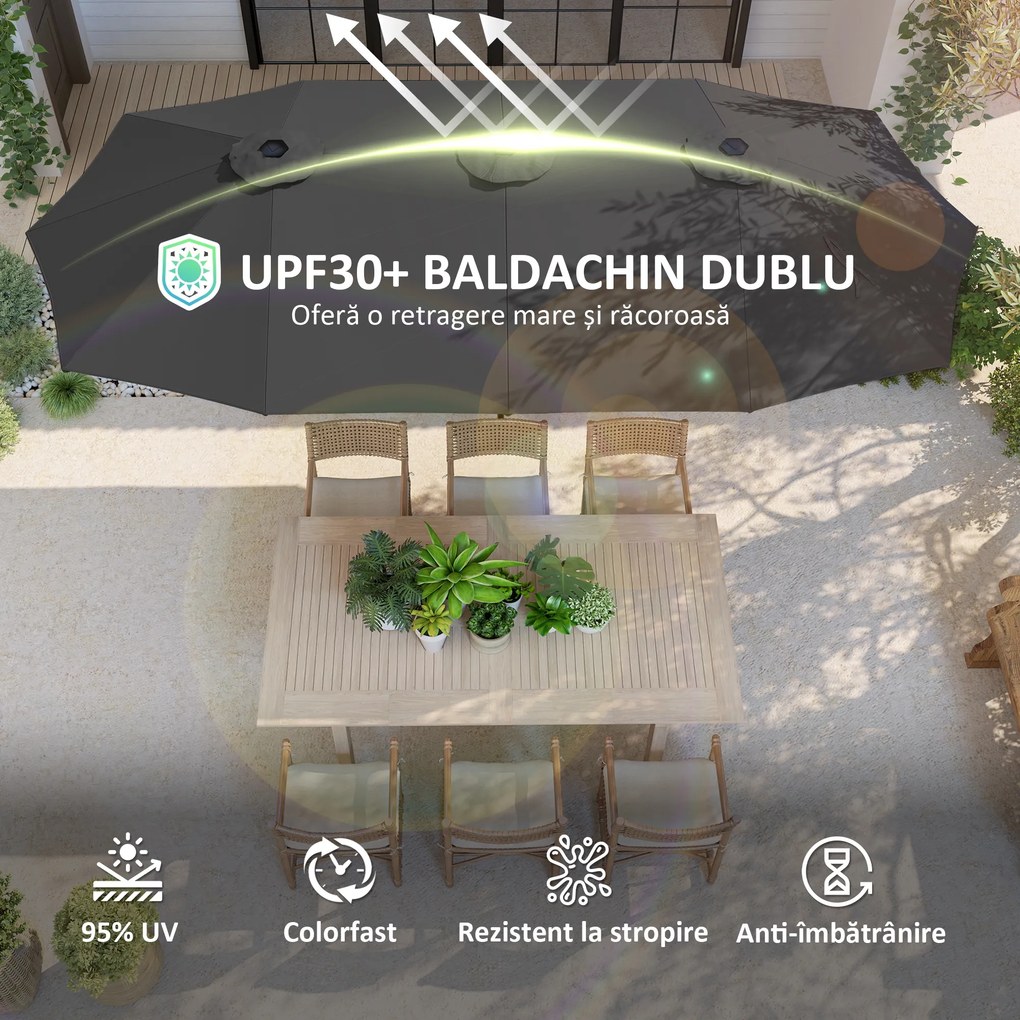 Outsunny Umbrelă Dublă de Grădină cu 12 Spițe, Orificii de Ventilație și Manivelă, 400x220x234 cm, Gri Închis | Aosom Romania