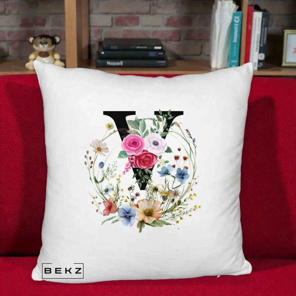 Cadou Personalizat - Perna Personalizata Monograma Florala Litera V cu Coroana, 40x40 cm, Alb Pufos, Husa Detasabila, Perna Inclusa, BEKZ®