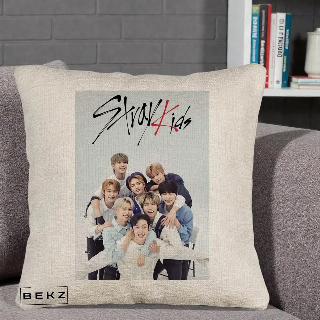 Perna Personalizata K-pop Stray Kids cu Foto Grup Alb-Albastru, 40x40 cm, Bej Canapea, Husa Detasabila, Perna Inclusa, BEKZ®