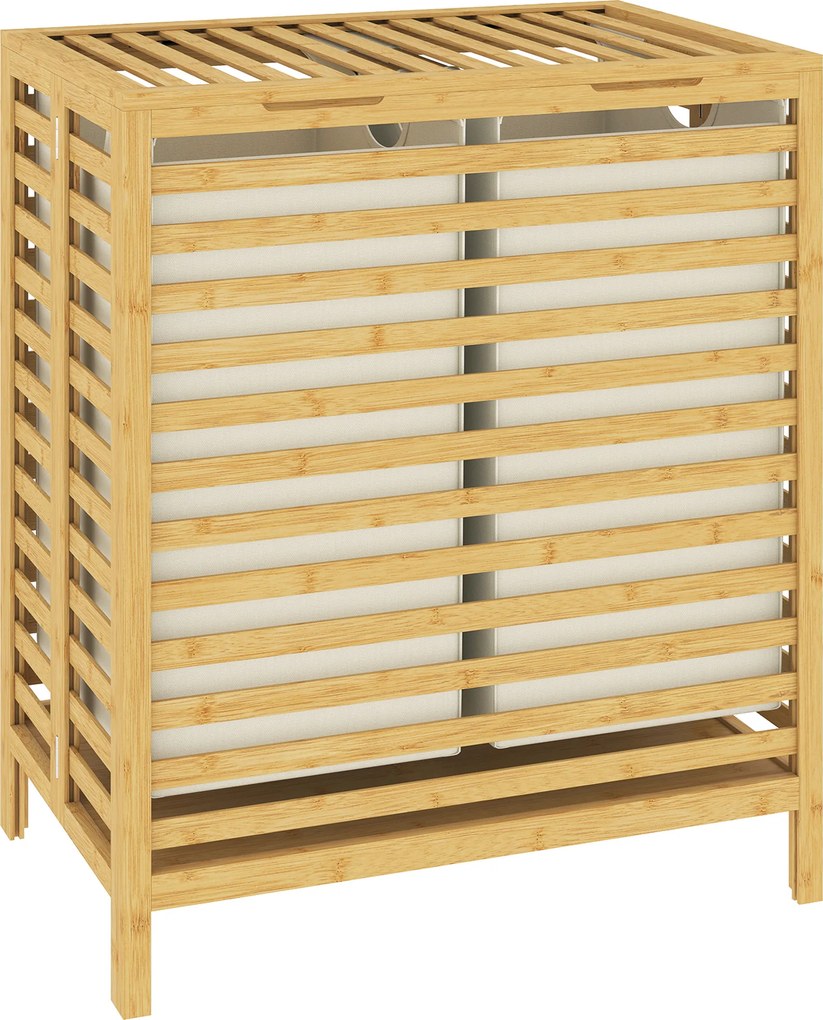 HOMCOM Coș de Rufe din Bambus 64L cu Capac, 2 Saci din Material Oxford Detașabili și Lavabili, Culoare Lemn | Aosom Romania