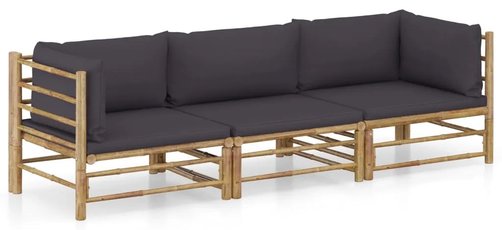 vidaXL Set mobilier de grădină, perne gri închis, 3 piese, bambus