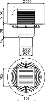 Sifon pardoseala 105Ã 105 50 75 mm iesire verticala, gratar din otel inoxidabil, sistem de retinere a mirosurilor umed APV203