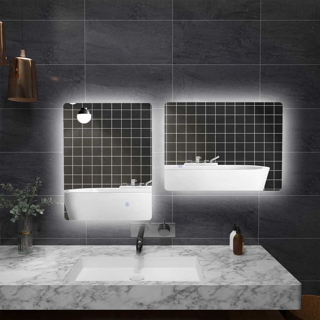 kleankin Oglindă de Baie cu Lumină LED, 3 Culori, Întrerupătoare Touch și Luminozitate Reglabilă, 70x50x3 cm, Transparent | Aosom Romania