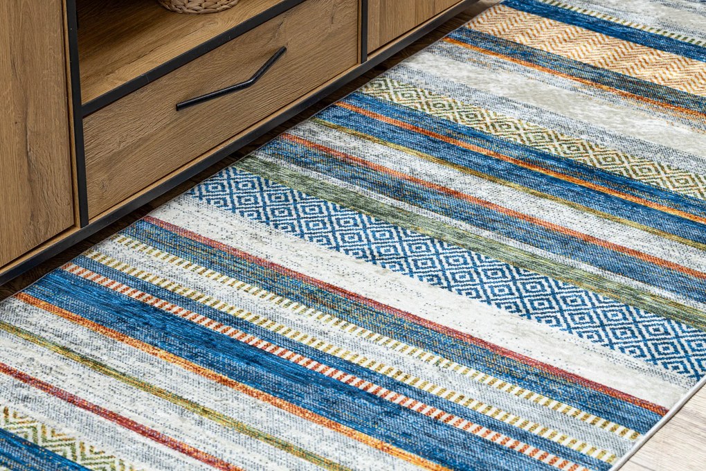 ANDRE 35950 covor lavabil Linii, geometric anti-alunecare - albastru / galben