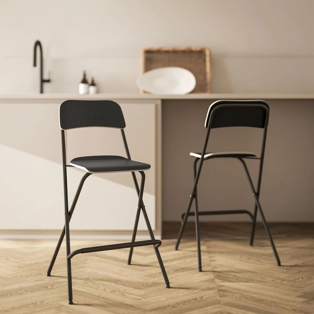 HOMCOM Set de 2 scaune de bar pliante cu cadru din oțel, pentru bucătărie, negru | Aosom Romania