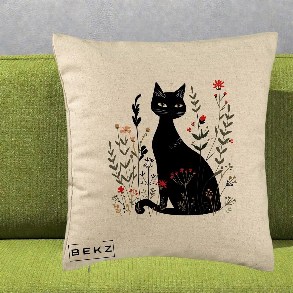 Perna Decorativa Pisica Neagra Botanica Rosu-Gri, 40x40 cm, Bej, Husa Detasabila, Perna Inclusa, BEKZ®