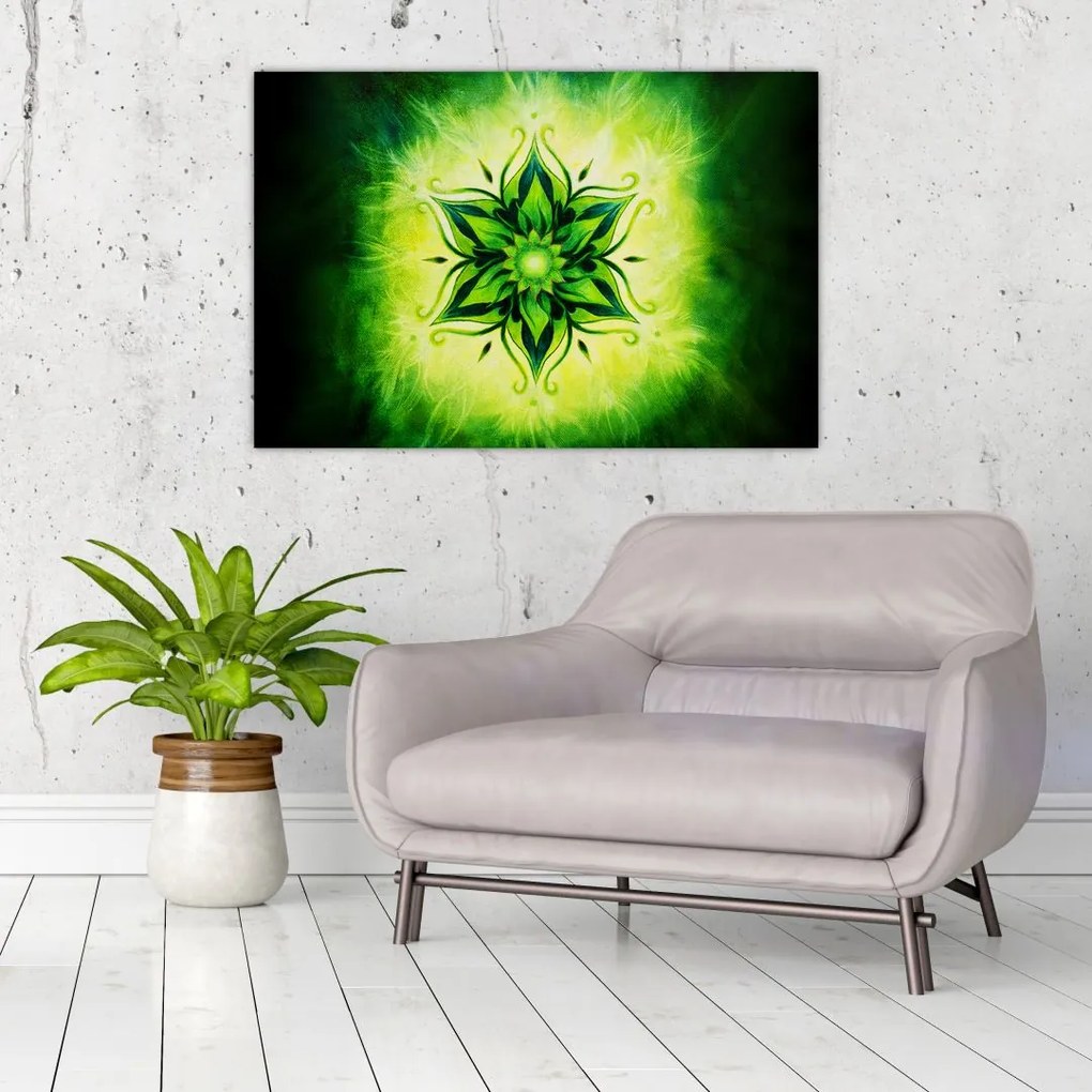 Tablou - Mandala de flori, fundal verde (90x60 cm)