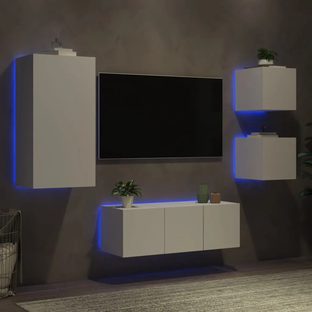 vidaXL Unități de perete TV cu LED-uri, 5 piese, alb, lemn prelucrat