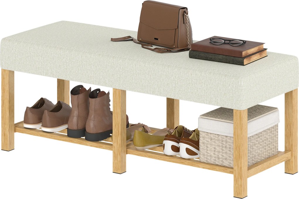 HOMCOM Banc pentru încălțăminte, banc de depozitare cu șezut capitonat, raft deschis, lemn de hevea, 120x44x48cm, lemn natural | Aosom Romania
