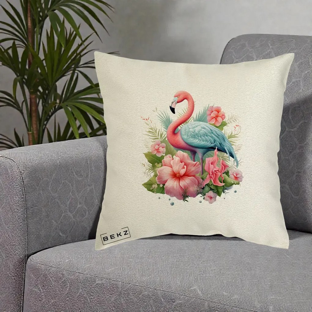 Perna Decorativa Flamingo cu Hibiscus Tropical, 40x40 cm, Ecru, Husa Detasabila, Perna Inclusa, BEKZ®