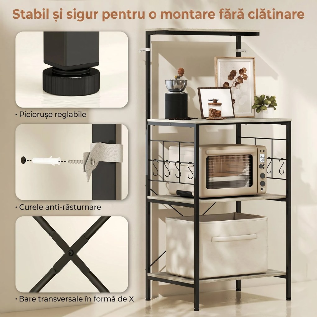 HOMCOM Raft de Bucătărie Stil Industrial cu 4 Nivele și 8 Cârlige Stejar | Aosom Romania