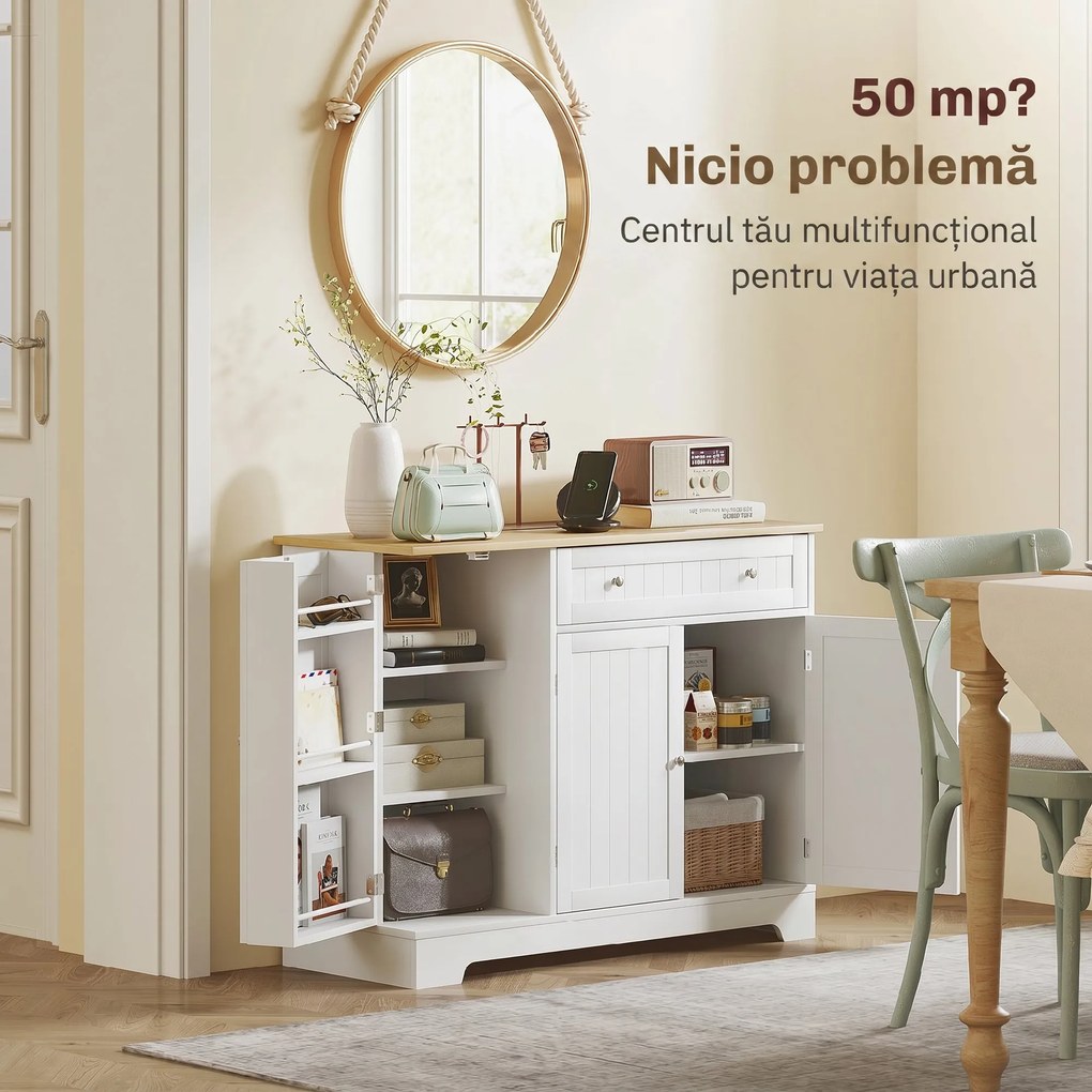 HOMCOM Comodă Modernă cu Spațiu de Depozitare, Bufet cu Sertar, Rafturi Reglabile, Mică Cămară de Bucătărie cu Rafturi Interioare, Alb | Aosom Romania