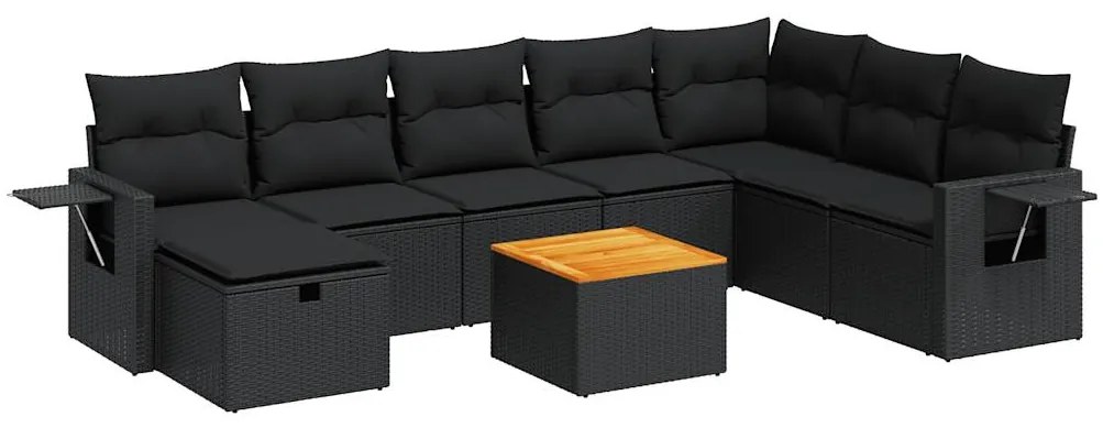 3325828 vidaXL Set mobilier de grădină cu perne, 9 piese, negru, poliratan